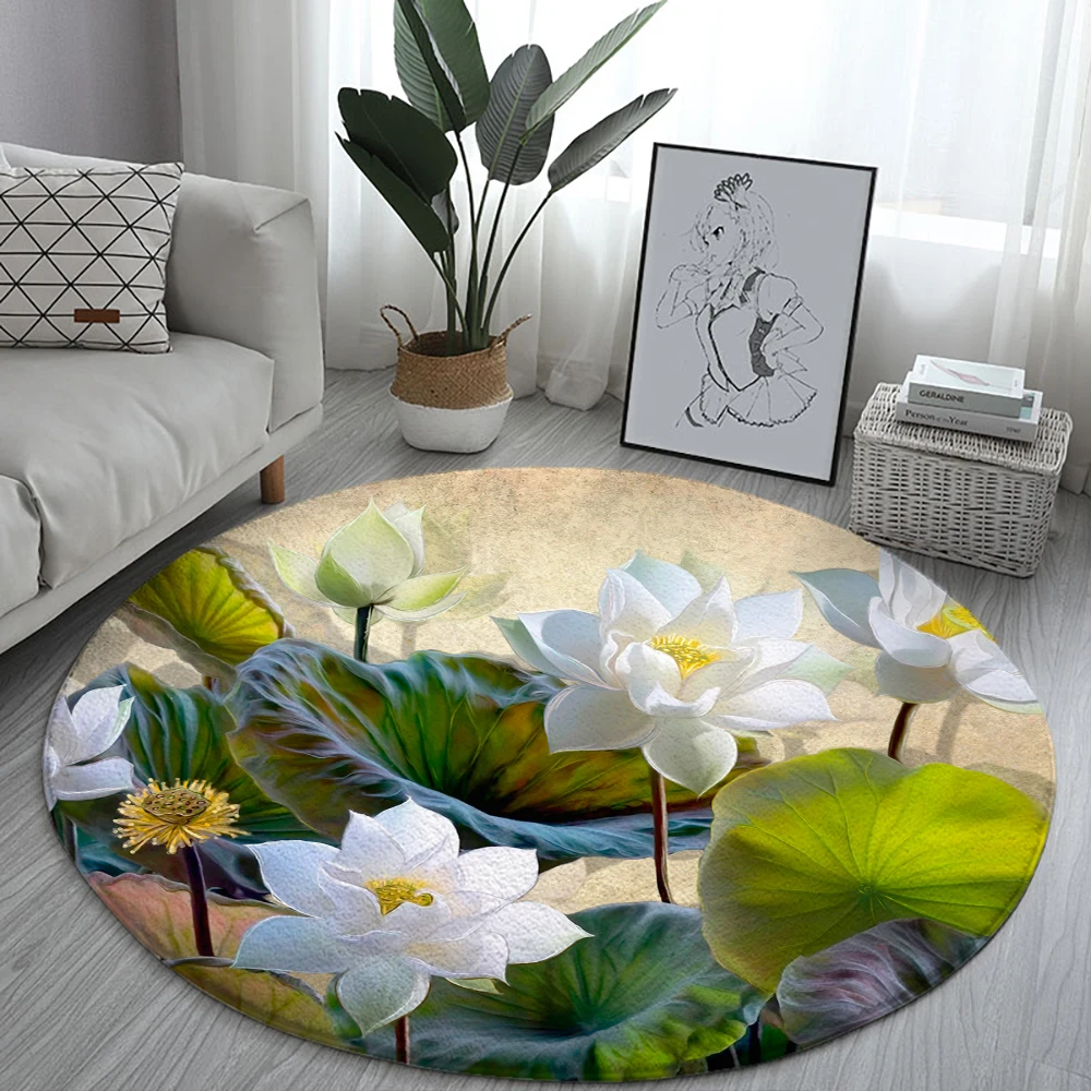 Lotus Tropical Jungle Landscape Pattern Circular Carpet Van Gogh Home Living Room Sofa Bedroom Bathroom Decoration 