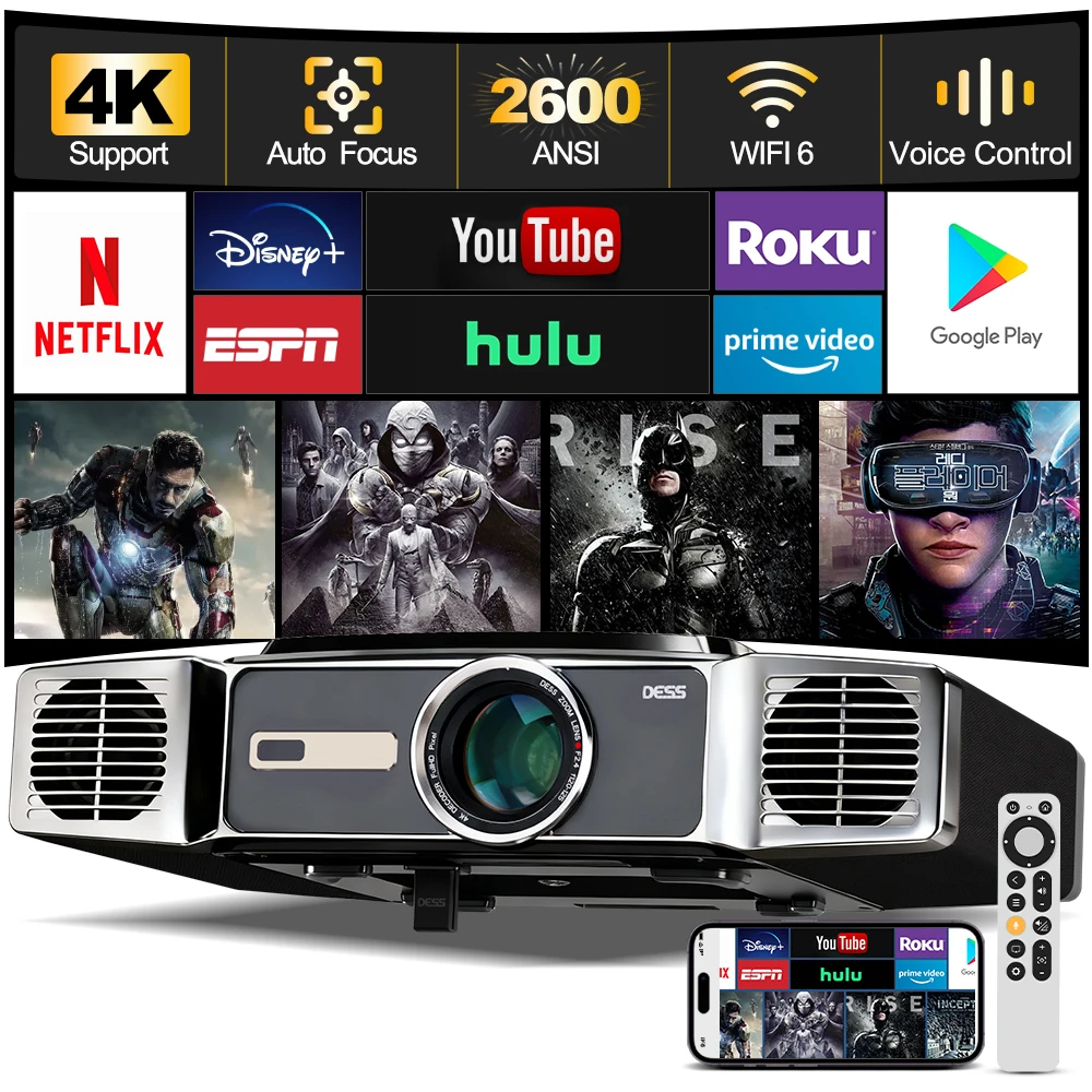 

DESS 3000 Lumens Projector Native Image Quality 1080P Auto Focus Built-in HiFi Audio Dual WiFi Home Theater Android TV Projector