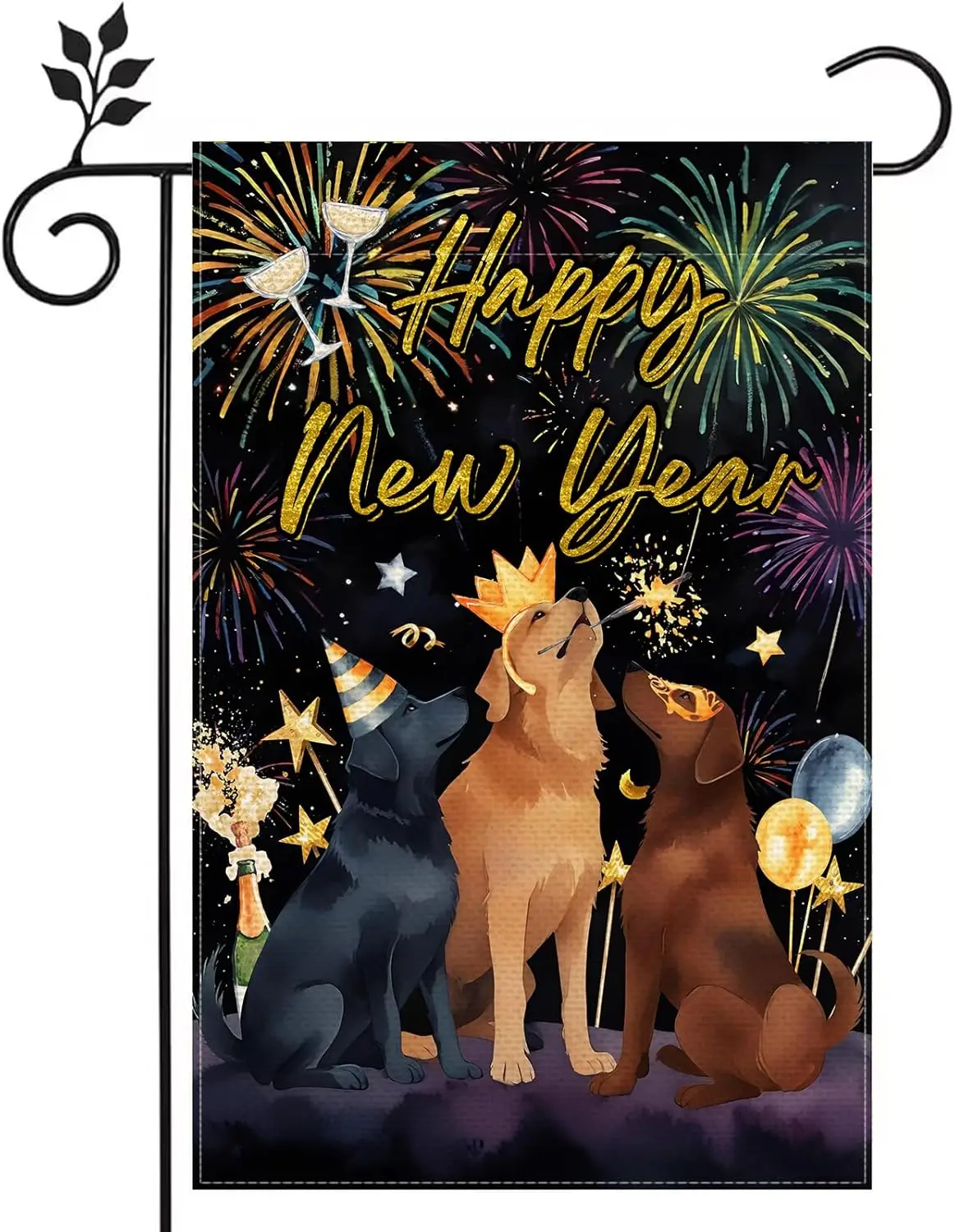 Happy New Year Cat Dog Clock Balloon Ribbon Champagne Double Sided Burlap Garden Flag 12x18 inch Home Outdoor Yard Garden Fl zzo