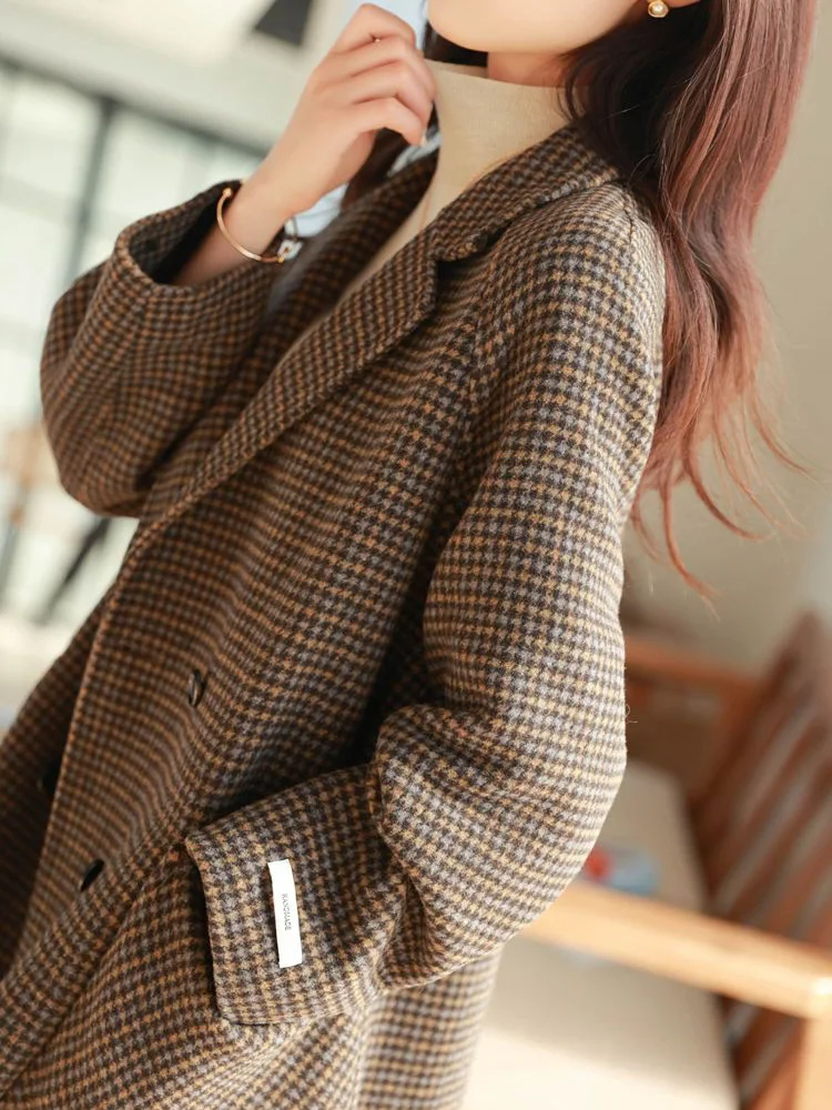 Office Warm Woolen Plaid Suits Coat Fall Winter Mid Length Women Loose Parkas Jackets Oversize Vintage Thick Wool Blend Casaco