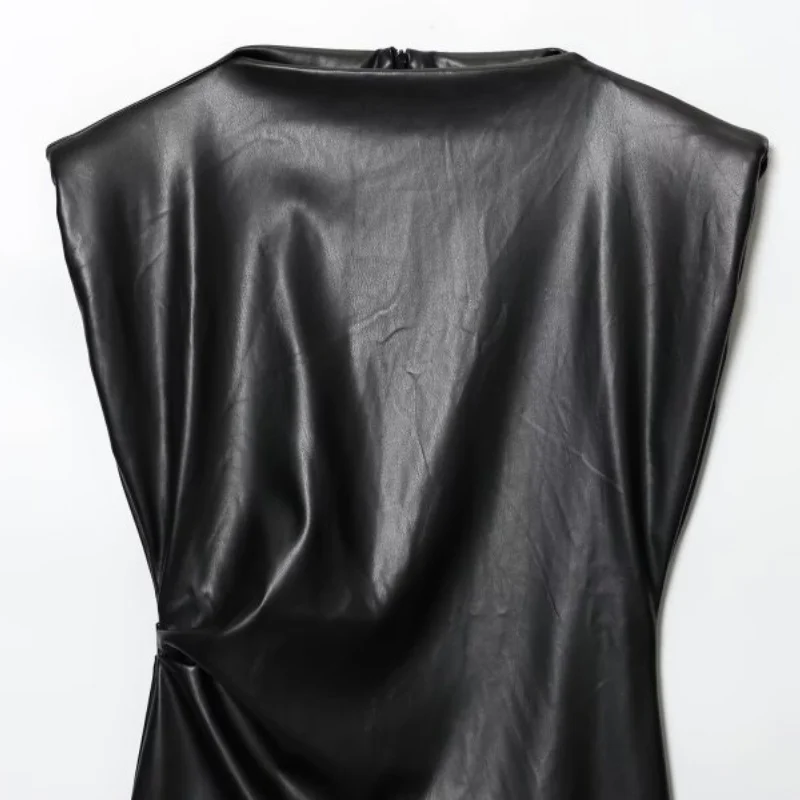 Mini abito da donna senza maniche con spalla imbottita in ecopelle Party Clubwear Elegante moda aderente corto