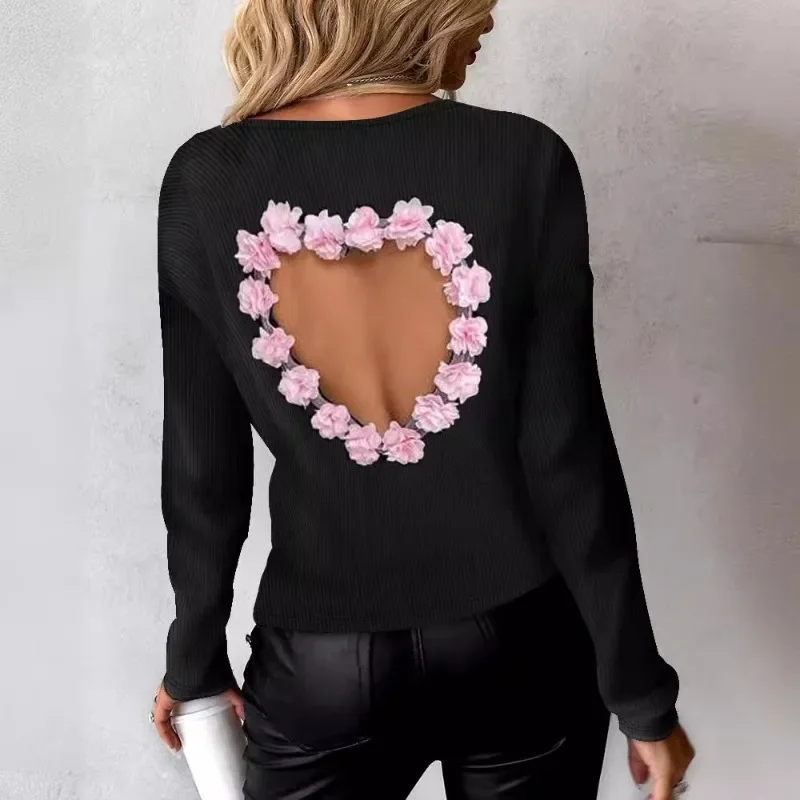 Design Independence 2024 Spring Summer New Women's Clothing Solid Color Fashion Back Hollow Heart Three-Dimensional Flower Sunke