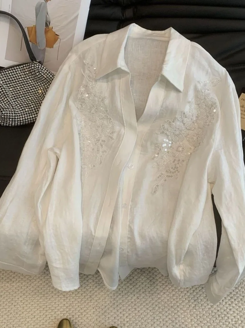 

Trendy White Long Sleeve Shirt Women's Loose Fit Patchwork Design Casual Style Commute Fashion Polyester Fiber Collar Bu...