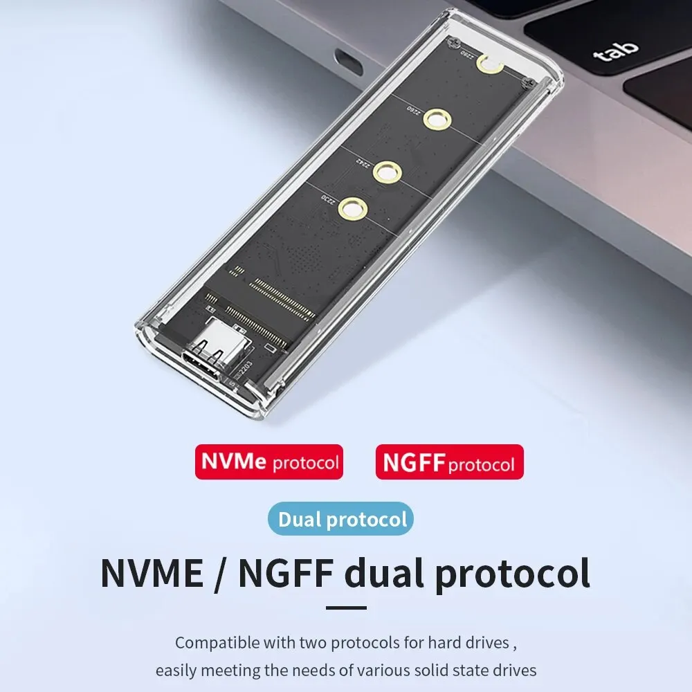 M.2 NVME PCIe NGFF SATA Dual Protocol SSD Case Clear USB Type C 10Gbps PCI-E M2 SSD Transparent External Enclosure Hard Disk Box