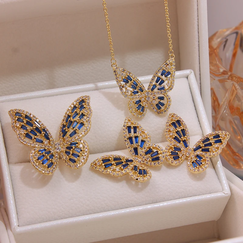 New Sight Fashion Brand Jewelry Set Elegant Crystal Butterfly Charm Pendant&necklaces for Women Insect Stud Earrings Open Rings