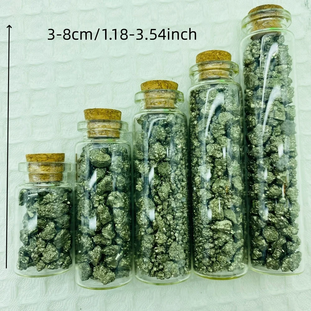 جزيئات البيريت الطبيعية حقيقية معدنية ذهبية 2-5 مللي متر حجر البيريت النادر غير المنتظم في زجاجة لصنع المجوهرات وجمع الصخور