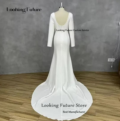 Customized Simple Sexy Mermaid White Wedding Dress Satin Backless Zipper Pleat Long Sleeve Bridal Gown Square Collar Court Train