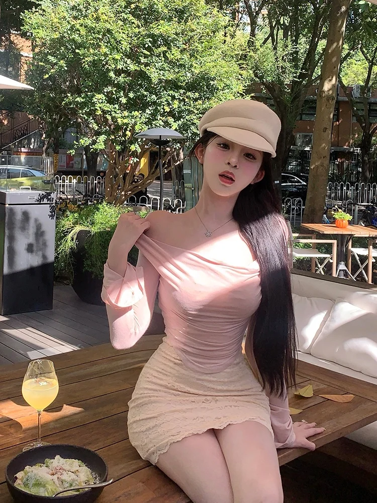 

Платье SYJ Shuyijia Pure Desire с открытыми плечами и кружевными вставками, женское, в стиле Sweet Spicy Girl, розовое, больших размеров, в корейском стиле, для повседневной носки