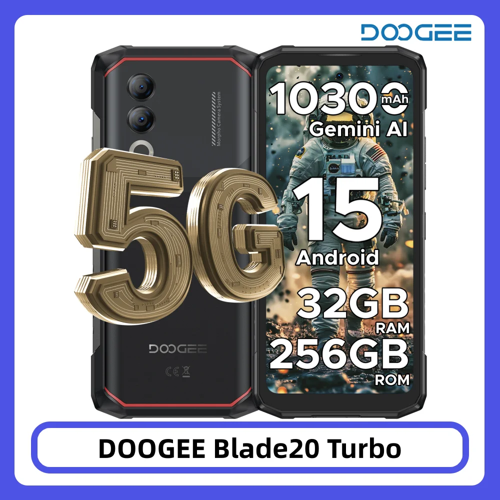 DOOGEE Blade20 Turbo 5G Robustes Telefon 32 GB 256 GB 6,6 Zoll HD+ Abmessung 7050 Android 15 Gemini Al 10300 mAh Akku NFC Smartphone