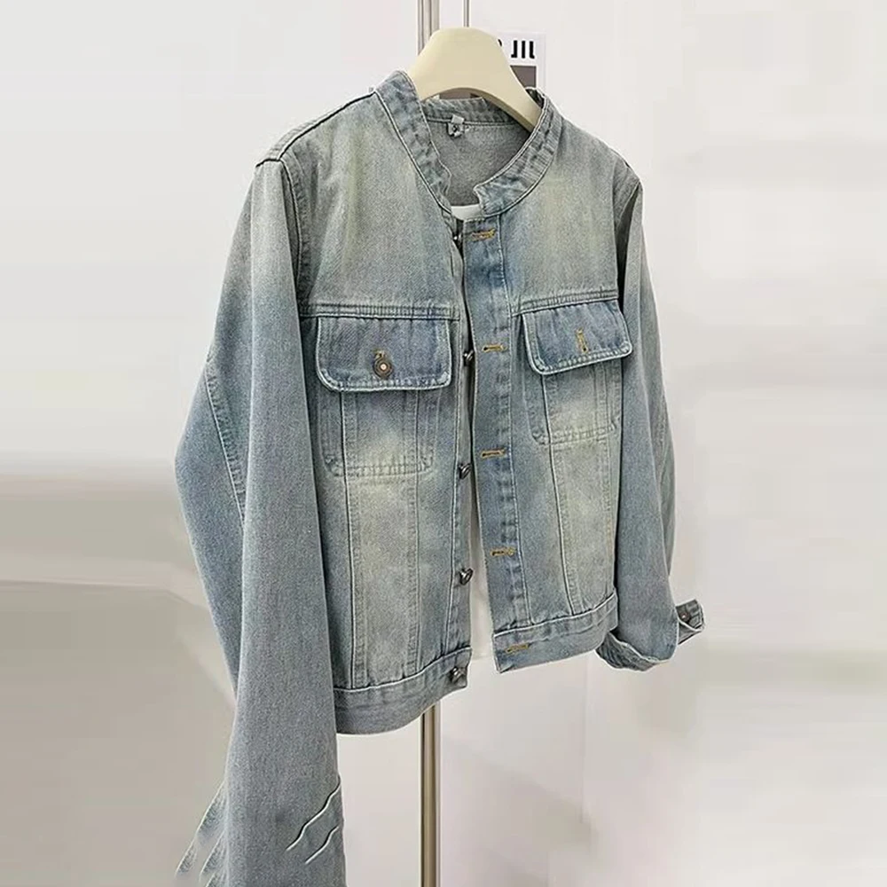 retro stand-up collar denim jacket women's 2026 new spring and autumn loose casual versatile jacket short top
