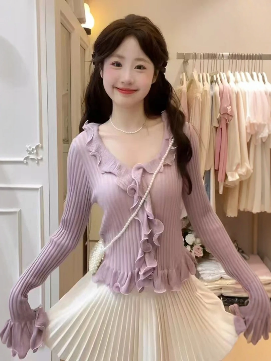 

Розовый плиссированный трикотаж V-Ne, женская утягивающая основа irt, уникальный красивый топ для поездок на работу, длинный трикотаж из смеси хлопка