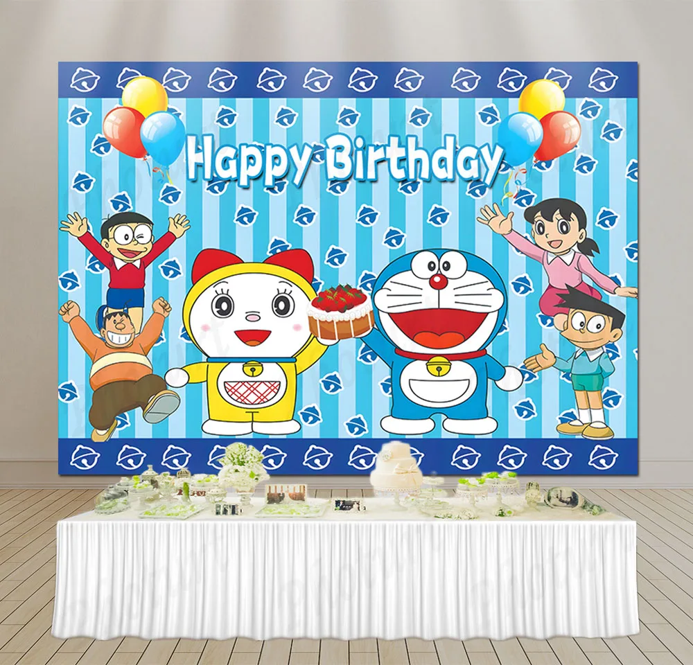 Cute Blue Doraemon Doll Backdrop Kids Birthday Baby Shower Background Cartoon Toy Doll Banner Photography Decoration Props