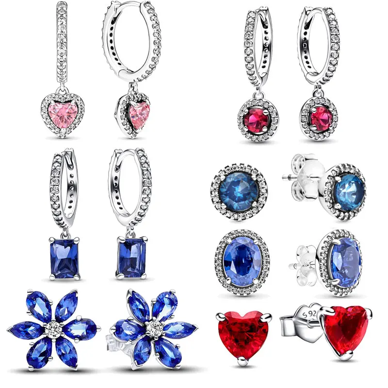 Pendientes de plata 2024 con forma de corazón rojo para mujer, aretes de aro brillantes, joyería fina para el Día de San Valentín, 925