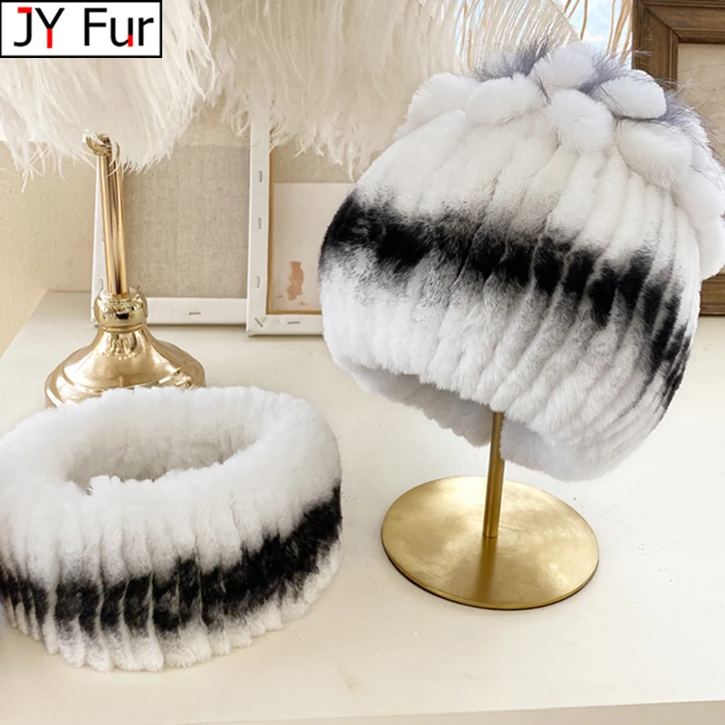 

Ladies Real Rex Rabbit Fur Scarf Hat Set Good Elastic Winter Women Warm Natural Rex Rabbit Fur Muffler Cap Real Fur Scarves Hats