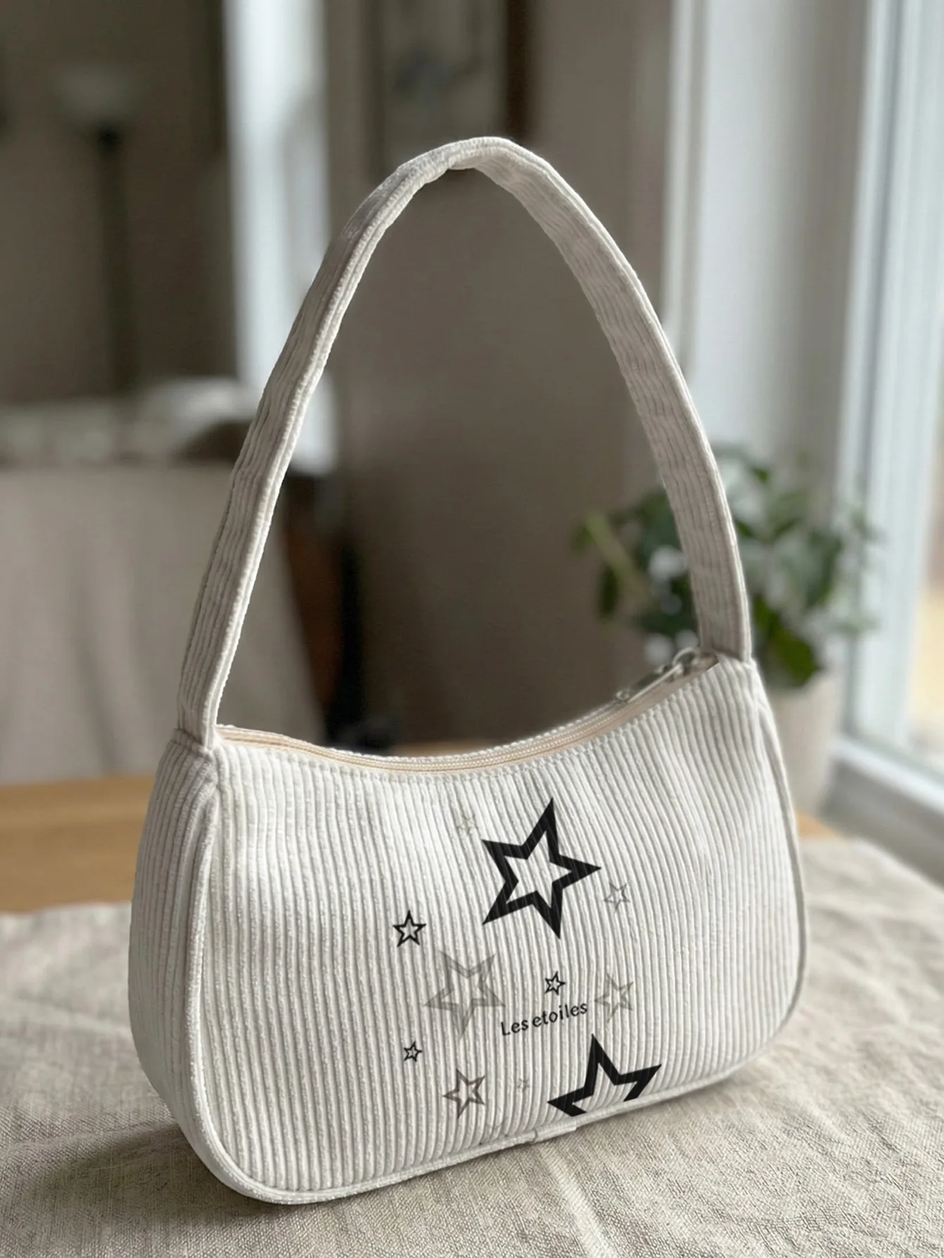Trendy Star Print Shoulder Bag, Beige Corduroy Underarm Bag for Daily Casual Use
