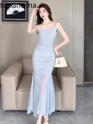 Topanoma Evening Dresses Women Mesh Patchwork Sleeveless Sexy Elegant Slash Neck Mermaid Dress Cocktail Wedding Party Female