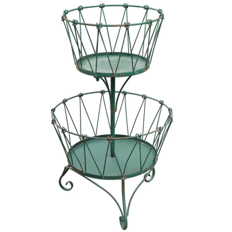 Cesta de almacenamiento de estilo europeo, soporte para maceta antigua de hierro, estante para plantas de pie de 2 capas, patio versátil, decoración de comestibles