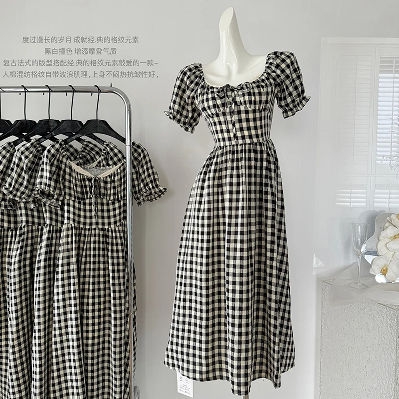 Fashion Classic Black And White Plaid Dress Women's Summer New 2024 Clothing Retro Holiday Puff Sleeves Long Dresses