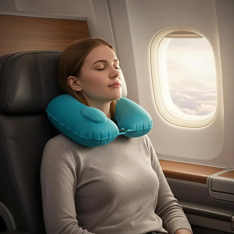 Portable Inflatable Neck Pillow Flocking Self-Filled Foldable 1PC Suitable for Airplane Trip Car Ride Nap view 2