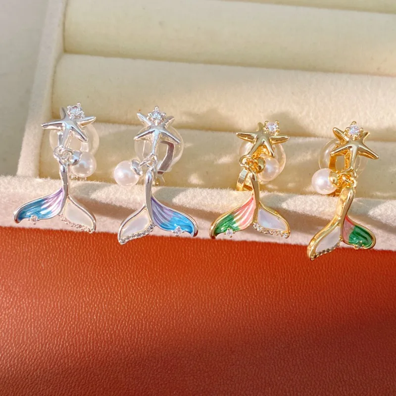

New Gradient Mermaid Tail Pearl Clip Earrings Women Elegant Zircon Ear Clips Gold Silver Starfish Jewelry Party Birthday Gifts