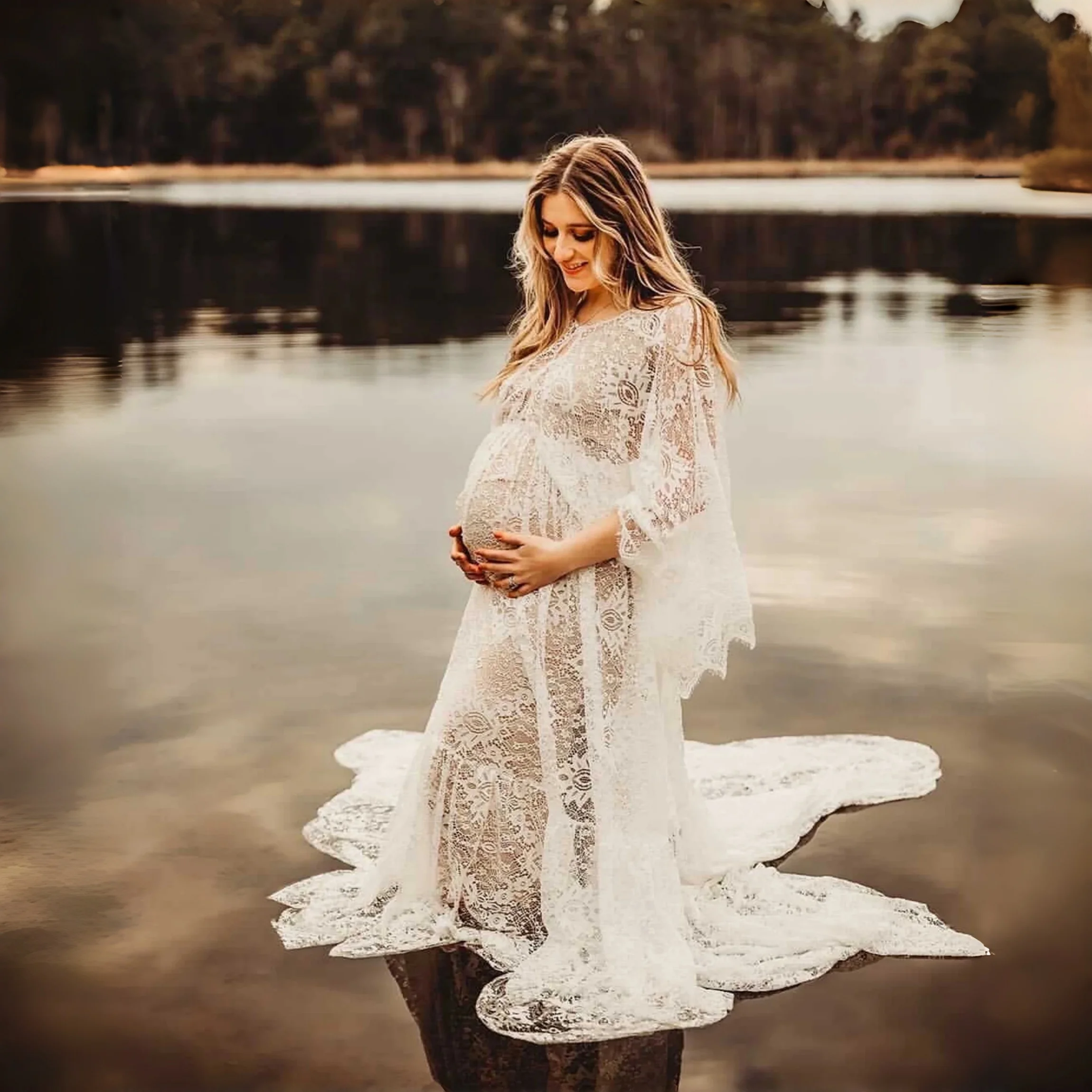 See Through Lace Pregnant Woman Photography Dresses Long Train Eyelashes Lace Maternity Dresses For Photo Shoot Outfit