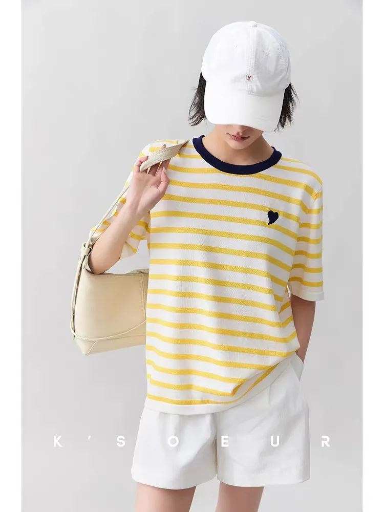 Verão feminino de malha camiseta camisola amor bordado listrado solto moda casual camisetas topos manga curta coreano senhoras jumpers