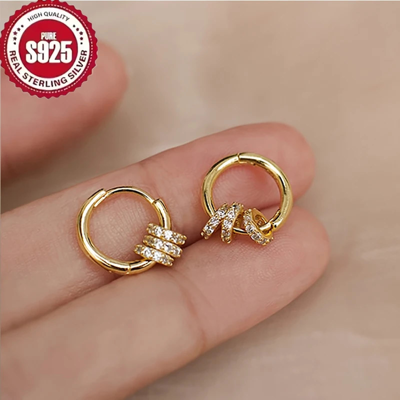 925 Sterling Silver Gold Plated Huggie Hoop Earrings Dainty Sparkling CZ Cluster Design Hypoallergenic Elegant Jewelry for Women - view 6