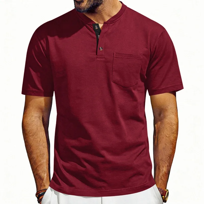 Men Summer Retro Henley Short Sleeve T Shirt Contrast Placket Pocket Loose Casual Top For Daily Wear