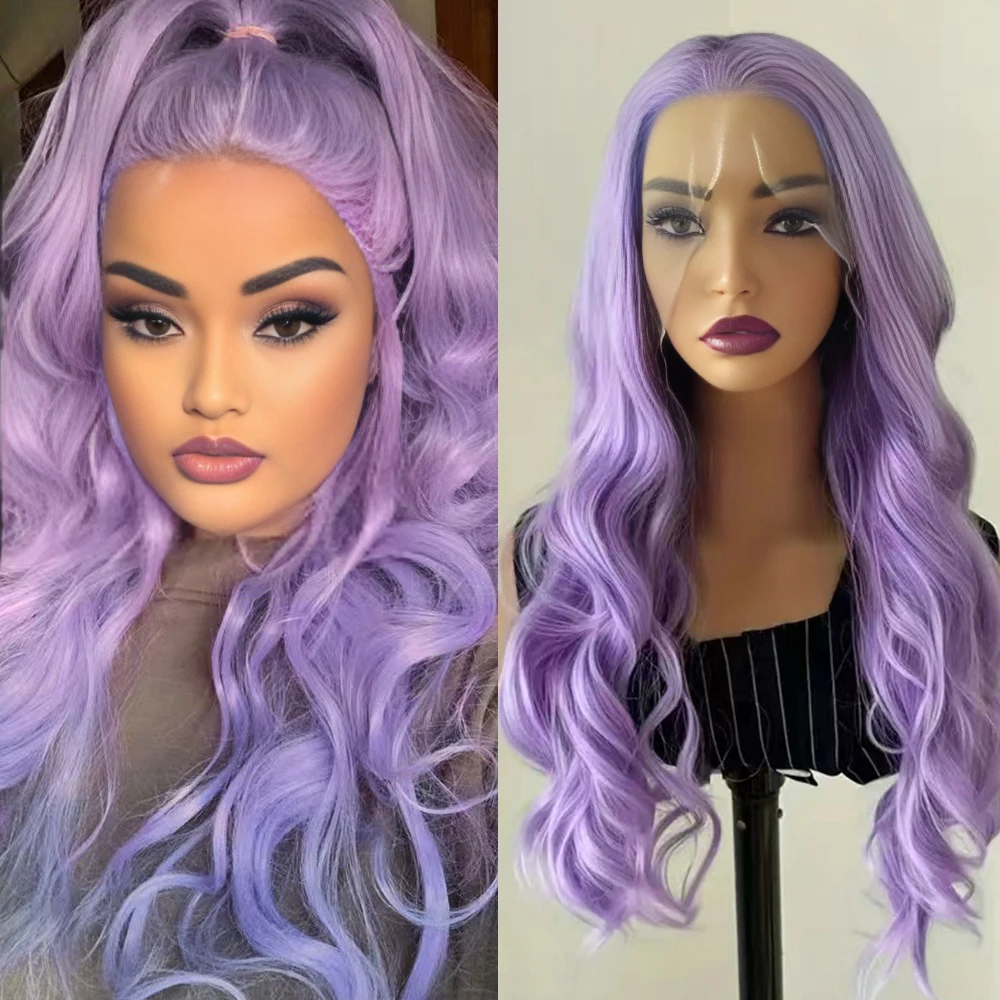 

Purple Synthetic Wig Body Wave Lace Front Wigs Free Part Violet Color Heat Fiber Wavy Wig for Women Cosplay Wear Purple Hair