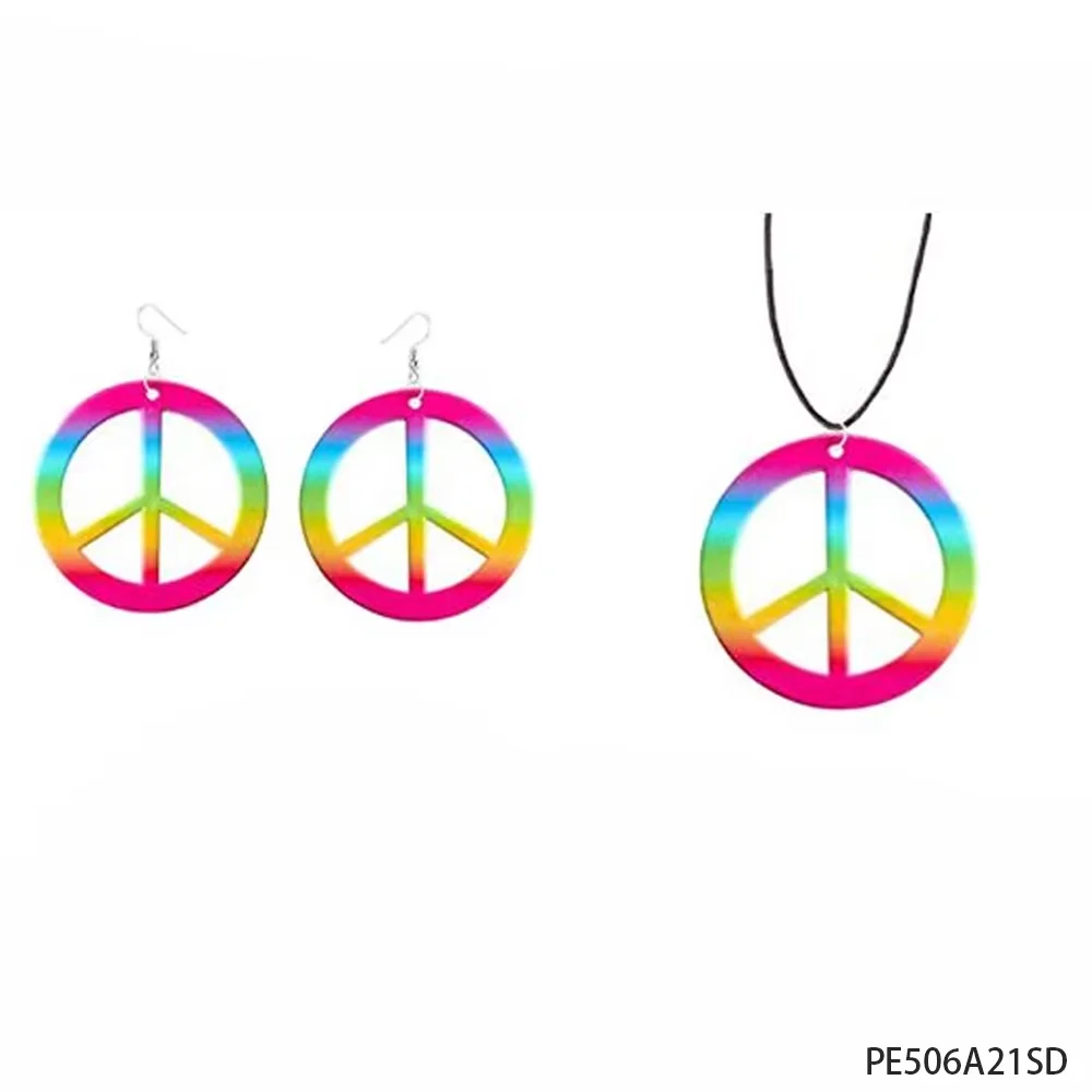 PESENAR 1960er Jahre Stil Regenbogen Friedenszeichen Schmuckset Halskette und Ohrringe für Retro Vintage Hippie Kostüm Party Zubehör