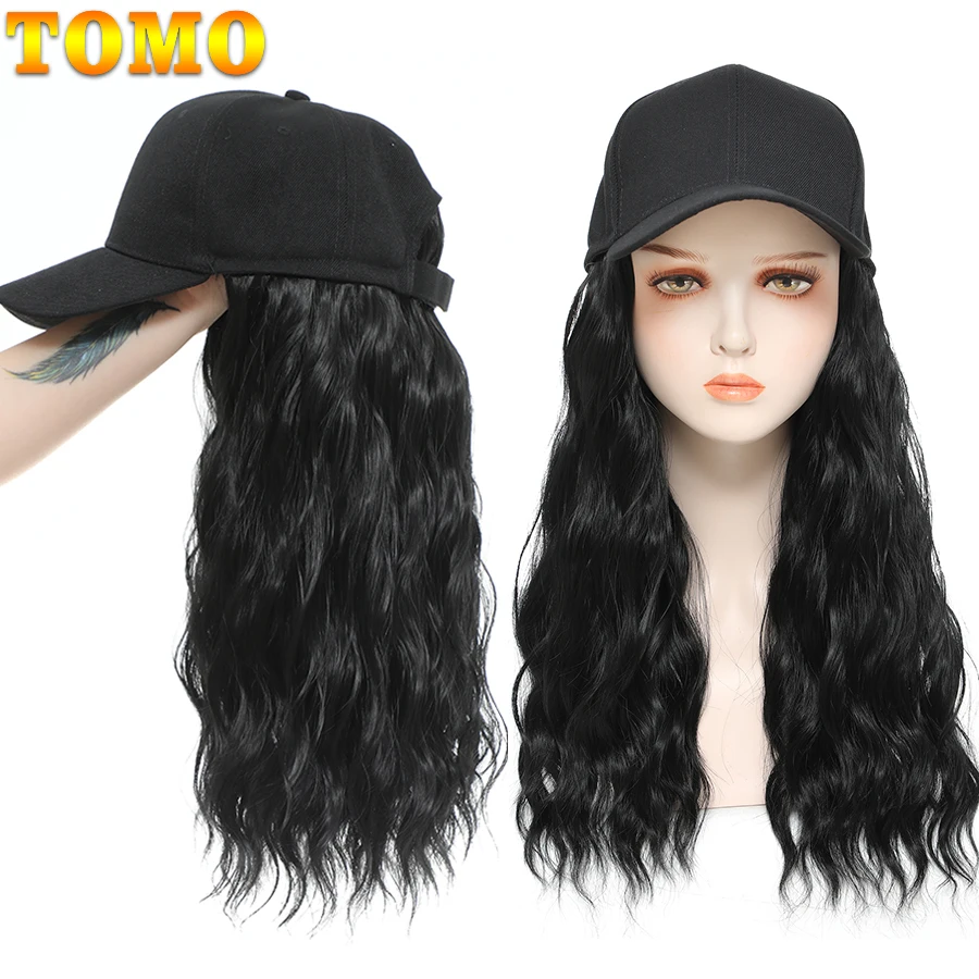 TOMO Baseball Cap Hair with Wave Hair Synthetic Adjustable Wig Hat Attached Long Curly Hair Extensions for Women Girls