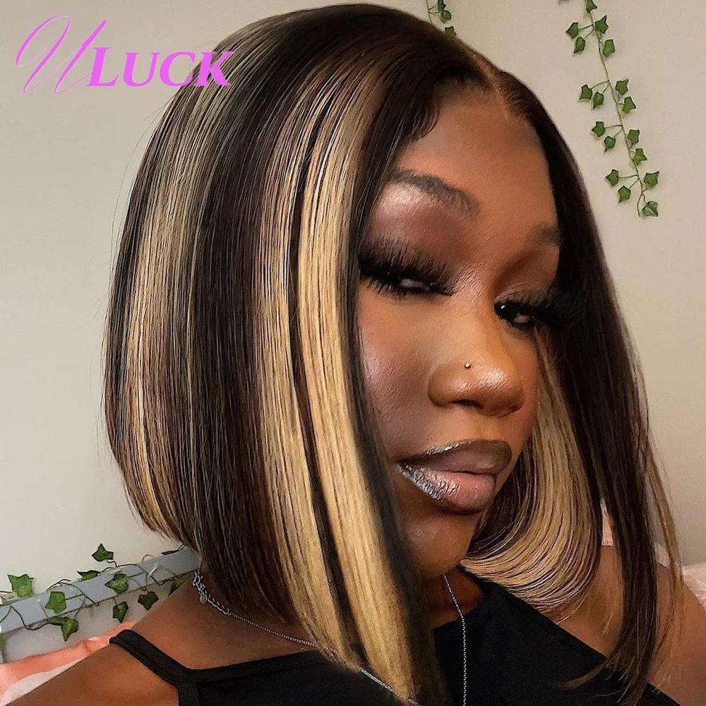 

Uluck Highlight 4/27 Color Double Drawn Short Straight Bob Wig Remy Human Hair Wig 300% Density Preplucked 2x6 Lace Frontal Wigs