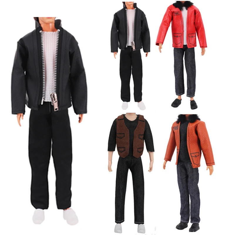 2 Sets/Pack Handmade Fashion Leather Clothes for Boy Doll 11.5in/30cm Casual Cool Style 3pcs/Set Jacket Coat Vest and Pants Toys