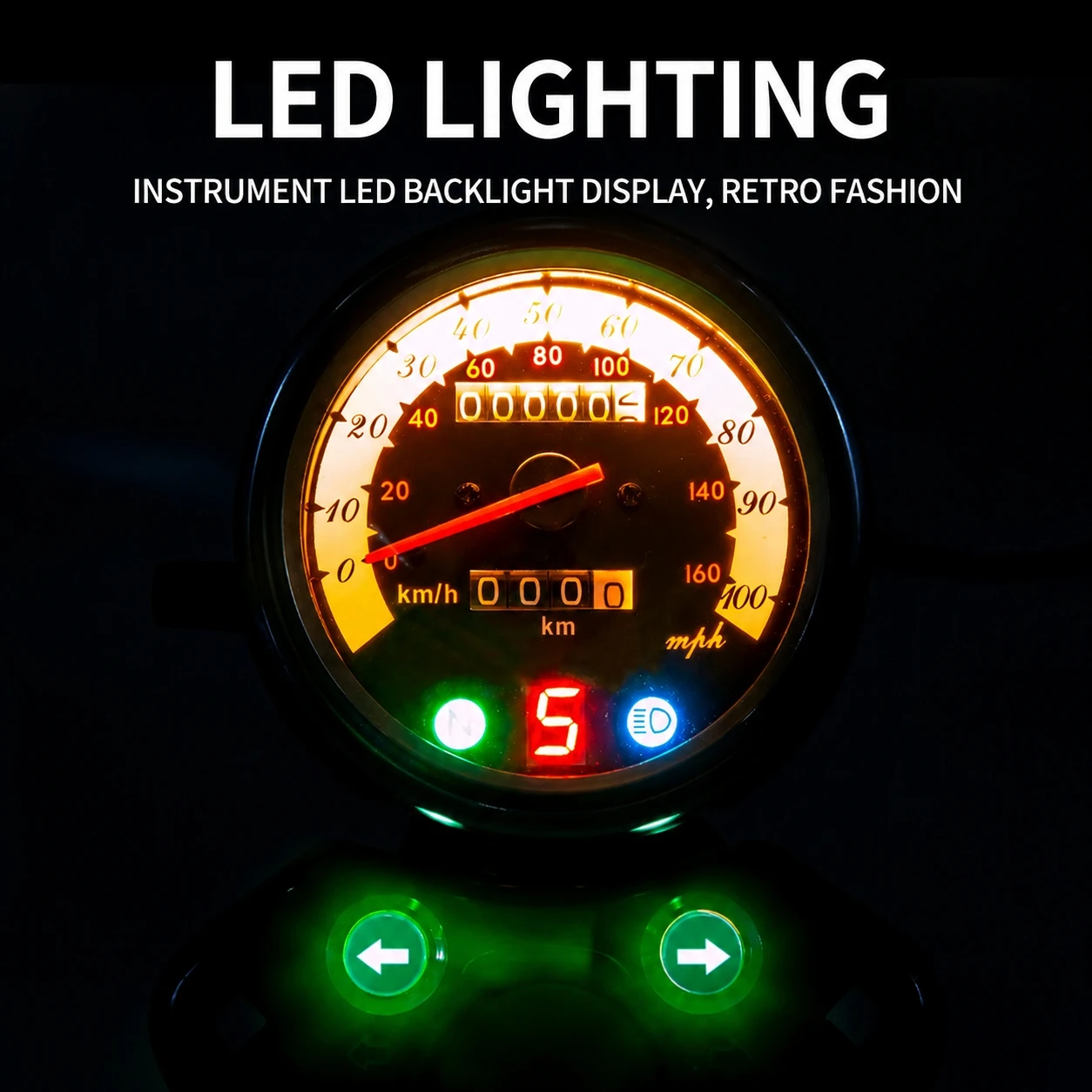 0‑160KM/H Vintage Motorcycle Speedometer Assembly LED Backlight Dual Mileage Counter Instrument Gauge 12V DC Universal Fit