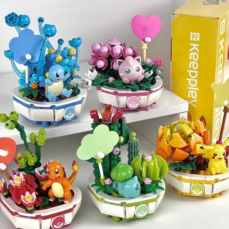 

Anime Pokemon Building Block Figure Toys Pikachu Charmander Squirtle Cartoon Model Home Decoration Plant Potted Flower Brick Toy