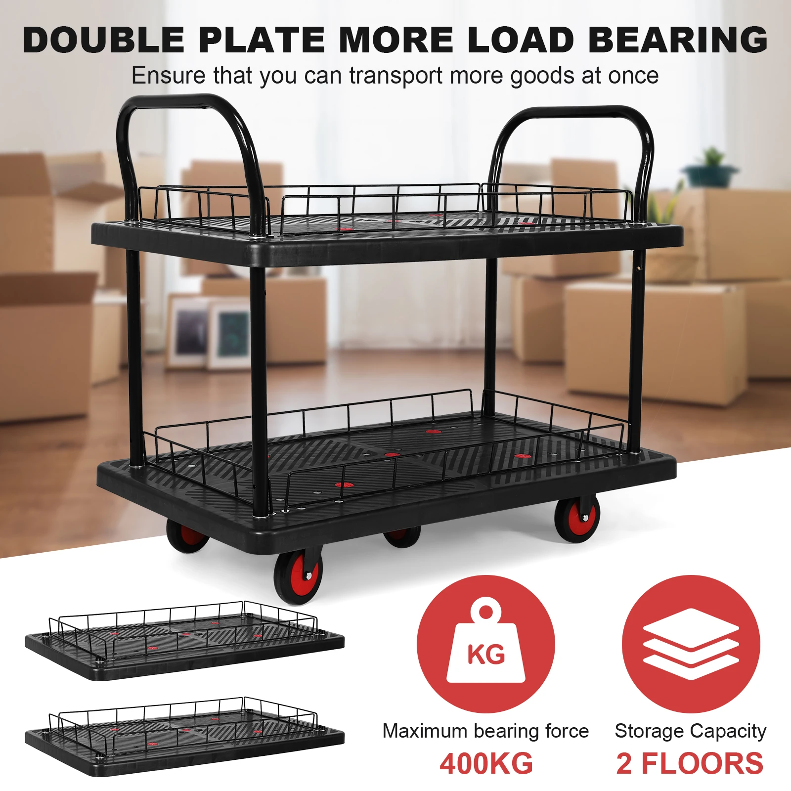 

2 Tier Rolling Cart 880lbs Capacity Heavy Duty Rolling Utility Cart with Wheels for Warehouse/Garage/Cleaning/Manufacturing