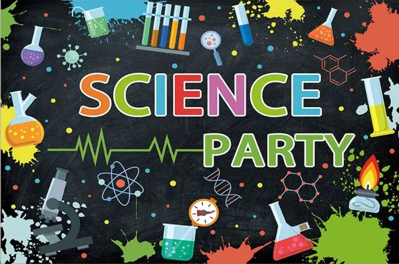 Science Party Backdrop for Kids Mad Science Fun Black Background Graffiti Splash Chemical Experiments Instruments Party Banner