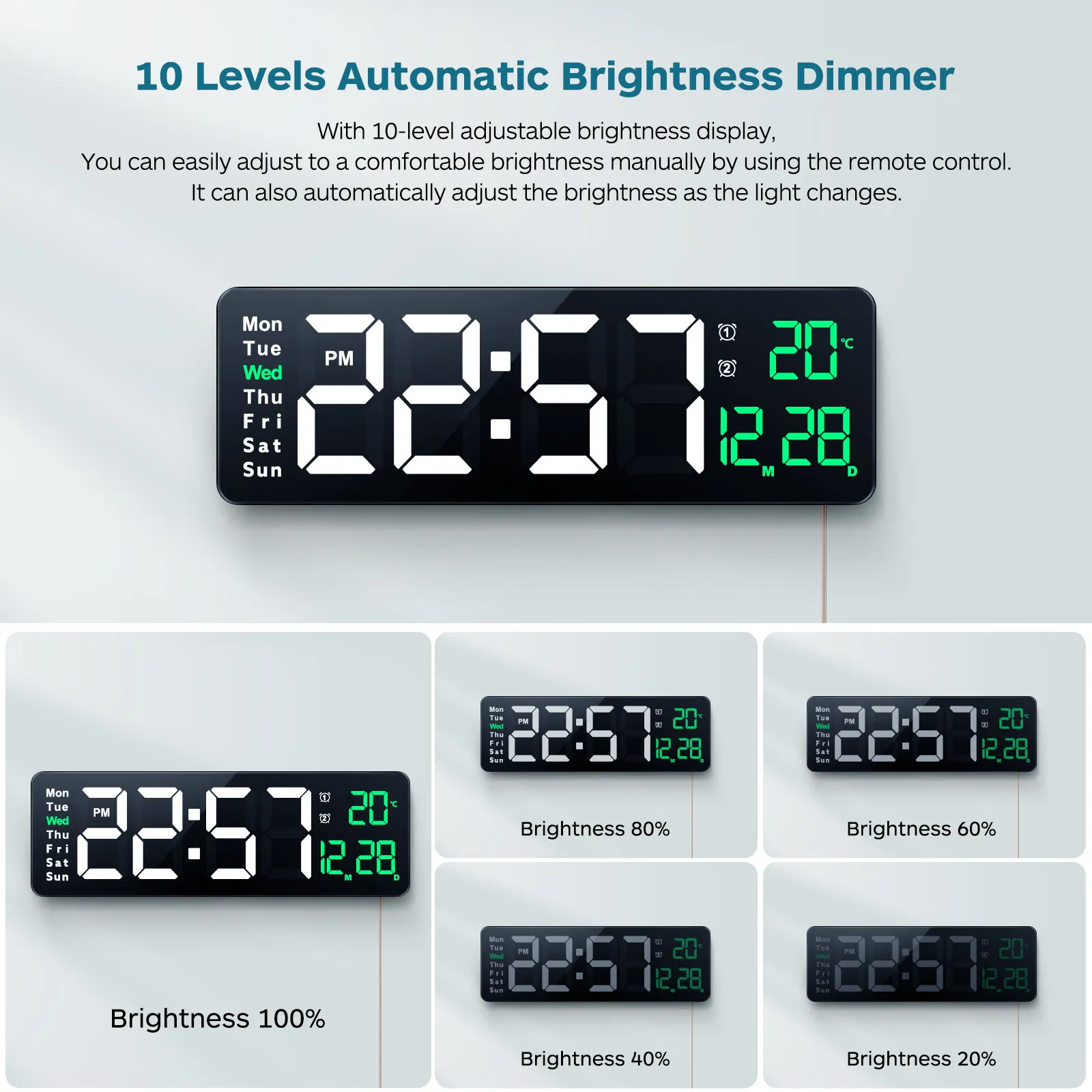 

1Pcs Digital Clock Wall Mount 39Cm Large Display LED Remote -Level Brightness Temperature Date Alarm Timer for Bedroom