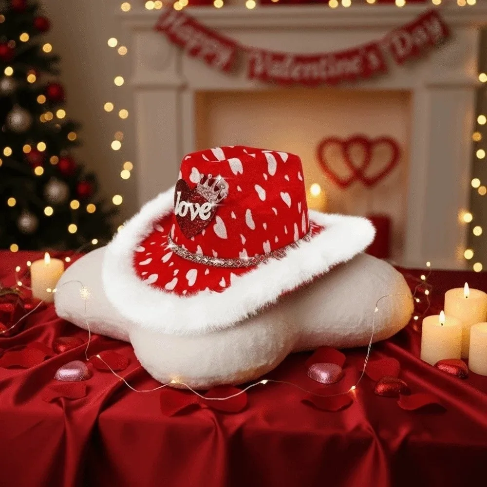 

Широкополая ковбойская шляпа с красным сердцем, теплая фетровая шляпа для ковбойшок, легкая, в этническом стиле, для вечеринки на День святого Валентина, маскарадная