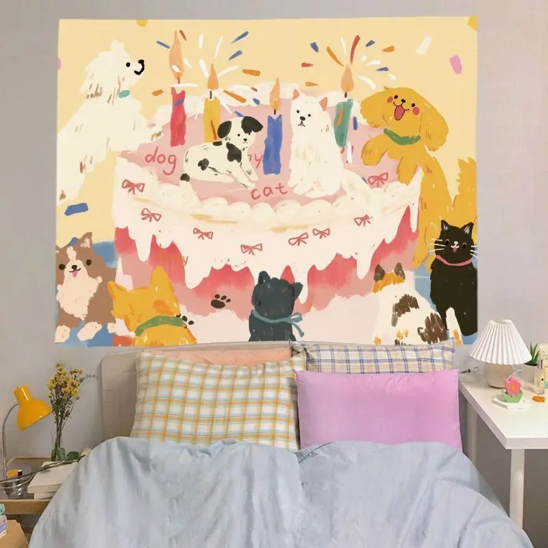 VIKAMA Pink Bow Cute Dog Tapestry Cartoon Doodle Kawaii Wall Hanging Aesthetic Backdrop for Teen Girls Bedroom Dorm Decor