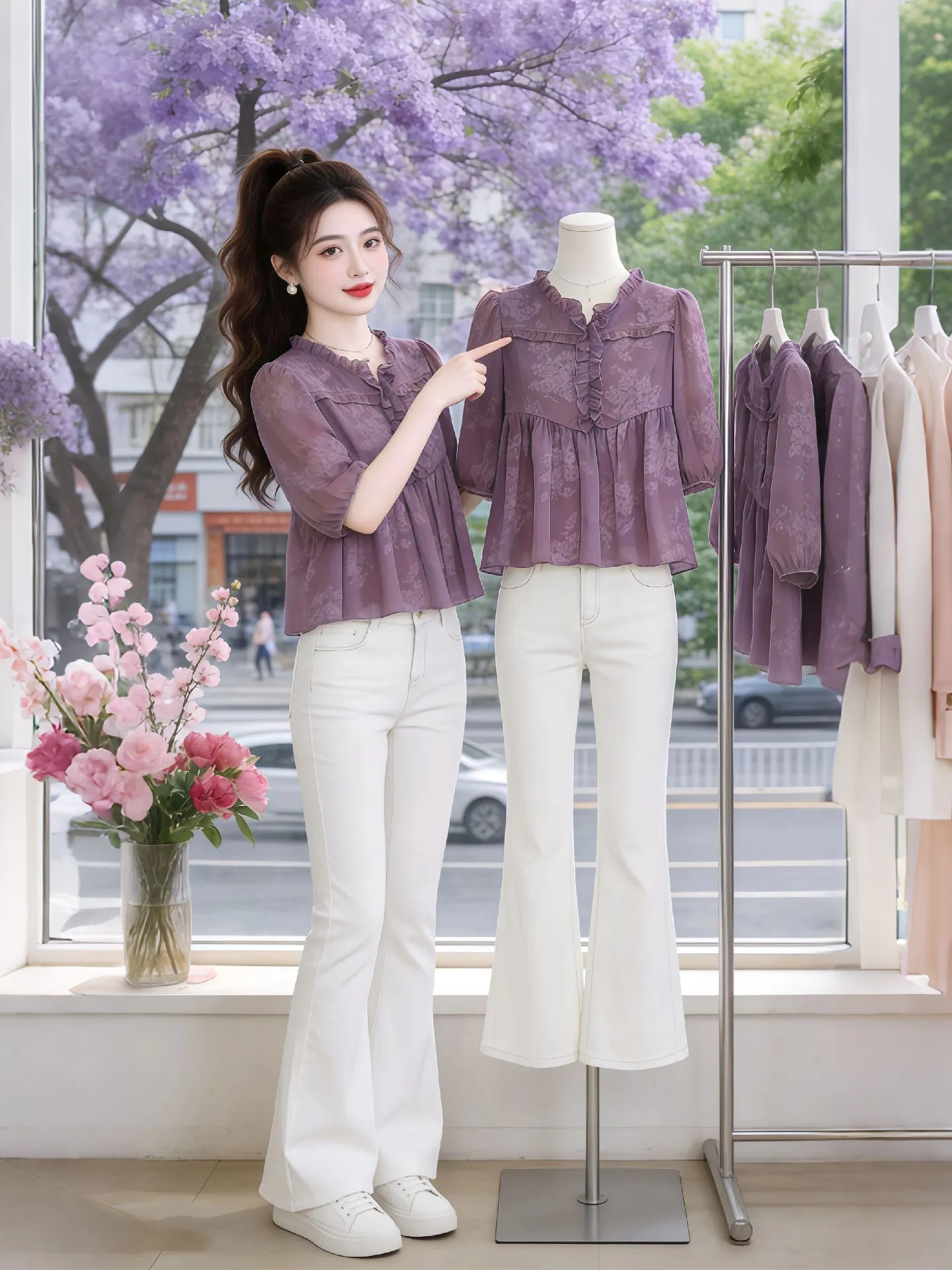 

Elegant Purple Shirt Women's Thin V-Neck Top Wooden Summer Fashion Gentle Commute Style Button Sleeveless Breathable