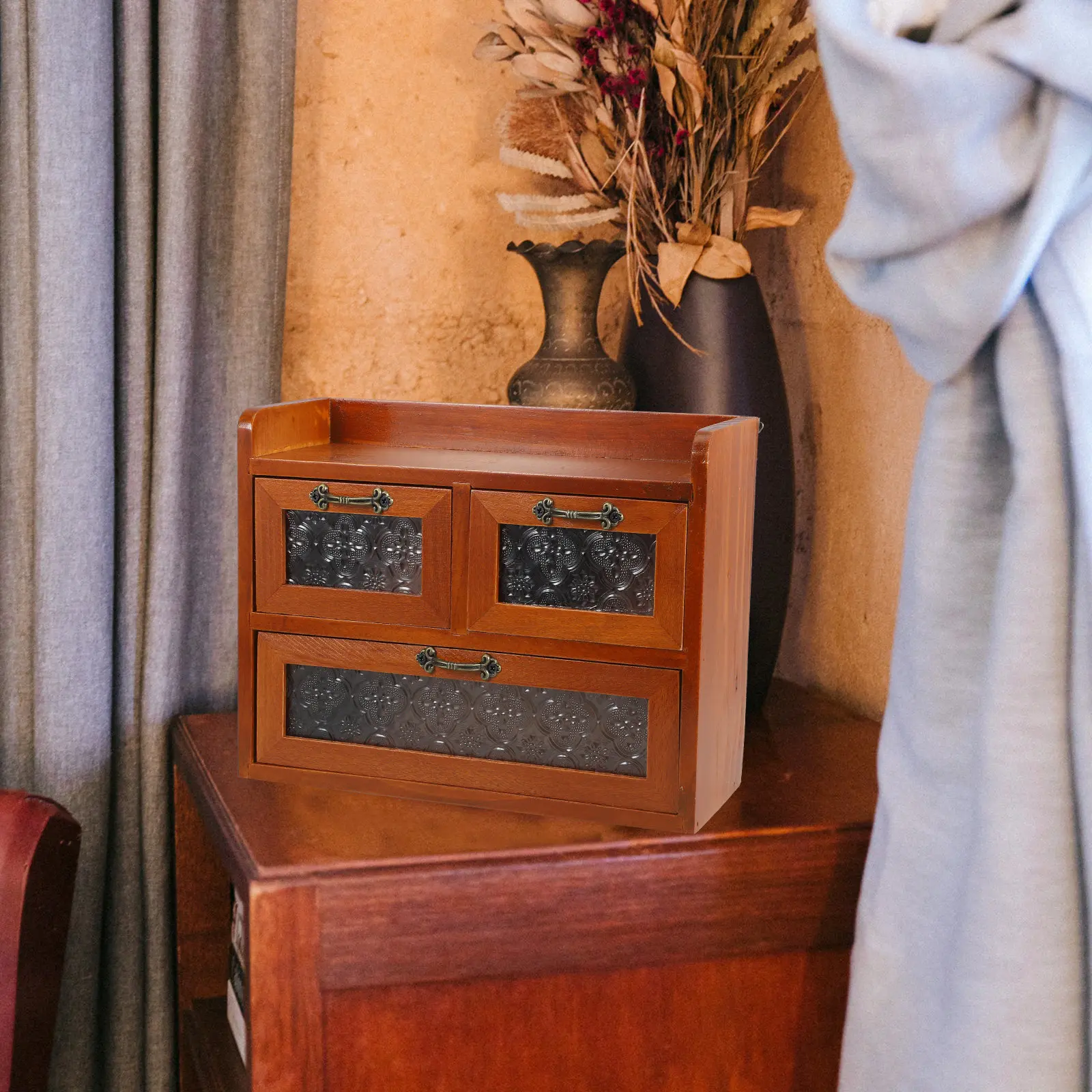 

Wooden Vintage Glass Cabinet Desktop Multi Layer Storage Organizer Cosmetics Sundries Display Shelf Wooden Desktop Cabinet