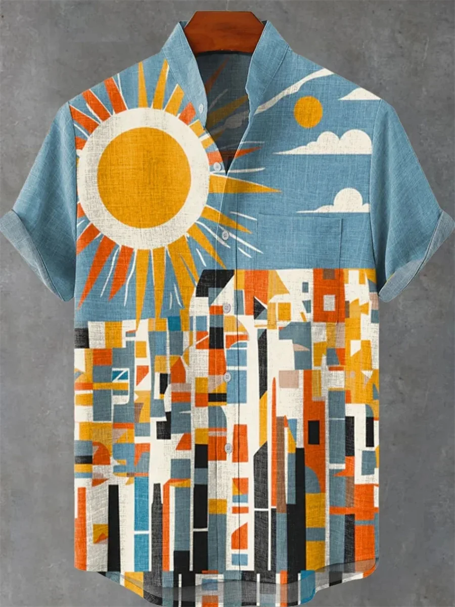 2025 New Ethnic Sunset 3D Printing Casual Fashion Linen Men's Stand Collar Short Sleeve Shirt Hawaiian Style Street Trend