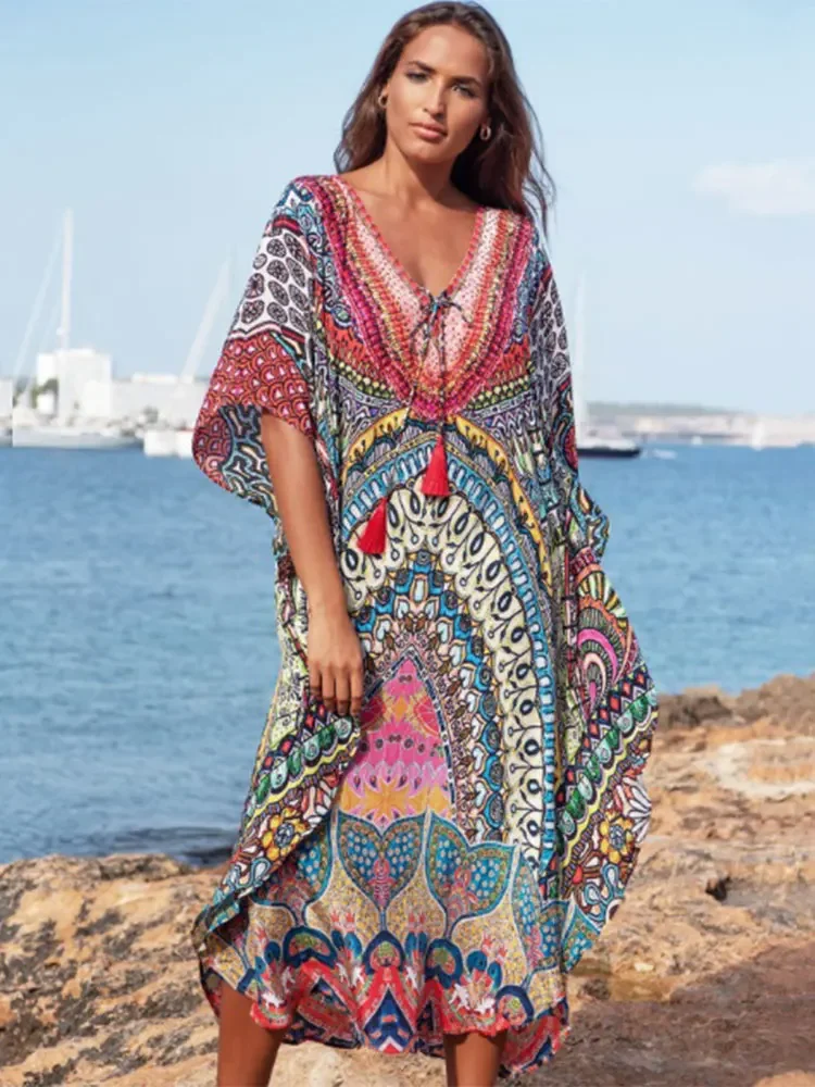 Vestido kaftan marroquino feminino, vestido boêmio estampado de verão, túnica longa, plus size, roupa de praia, roupa de banho, túnica de cobertura,