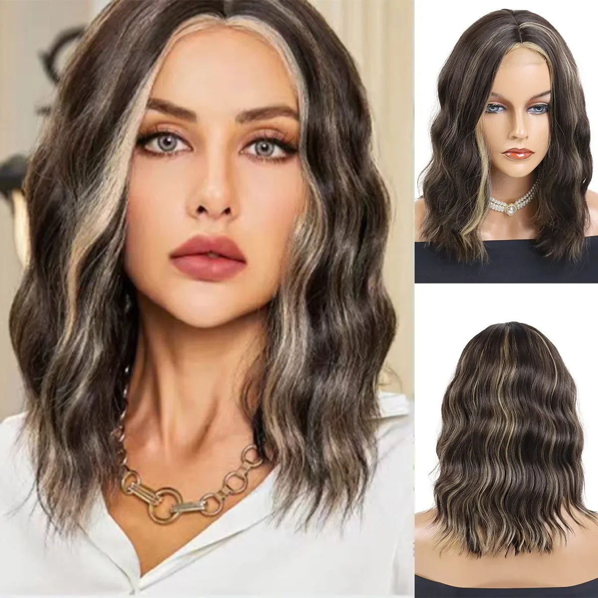 Synthetic 16 Inch Short Wavy Wig for Women Shoulder Length Bob Curly Charming Female Wigs with Natural Wavy Hair for Daily Party