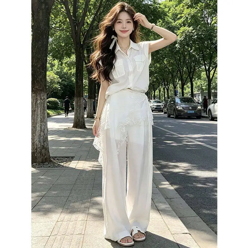 

Fashion Suit Women's 2026 Summer New Style Temperament Polo Collar Top+fart Curtain Wide Leg Pants Two-piece Set