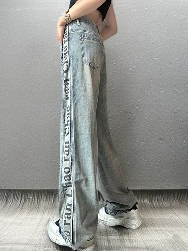 

Retro High Waist Slimming Waed Denim Pants Women's Side Bar Letter Wide Leg Pants Casual Sle Multi ket Loose Fit