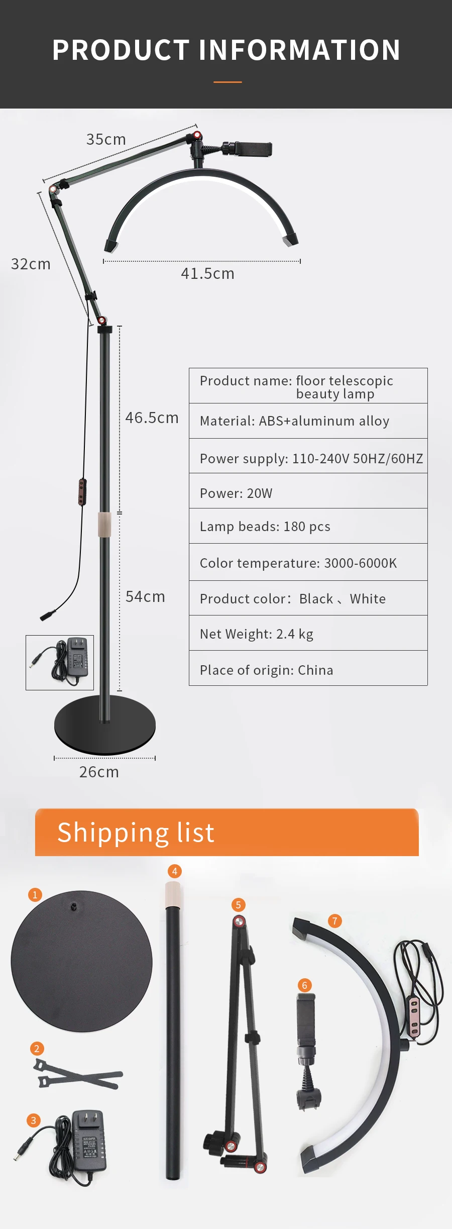 16-Zoll-LED-Halbmond-Wimpernlicht, Temperatur 3000 K–6000 K, Boden-LED-Ringlampe für Schönheitsgesichtsbehandlungen, Hautpflege, Tattoo, Augenbrauen, Filmen – Detail 12