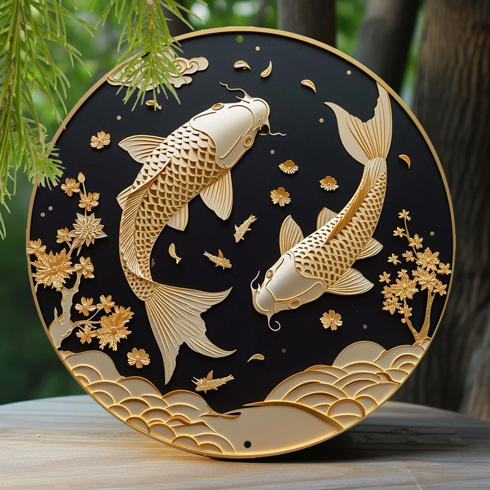 Aluminum Metal Stamping Papercut Art Painting Round Wreath Decorative Sign Living Room Decor MenGifts Koi Fish Theme Decoration