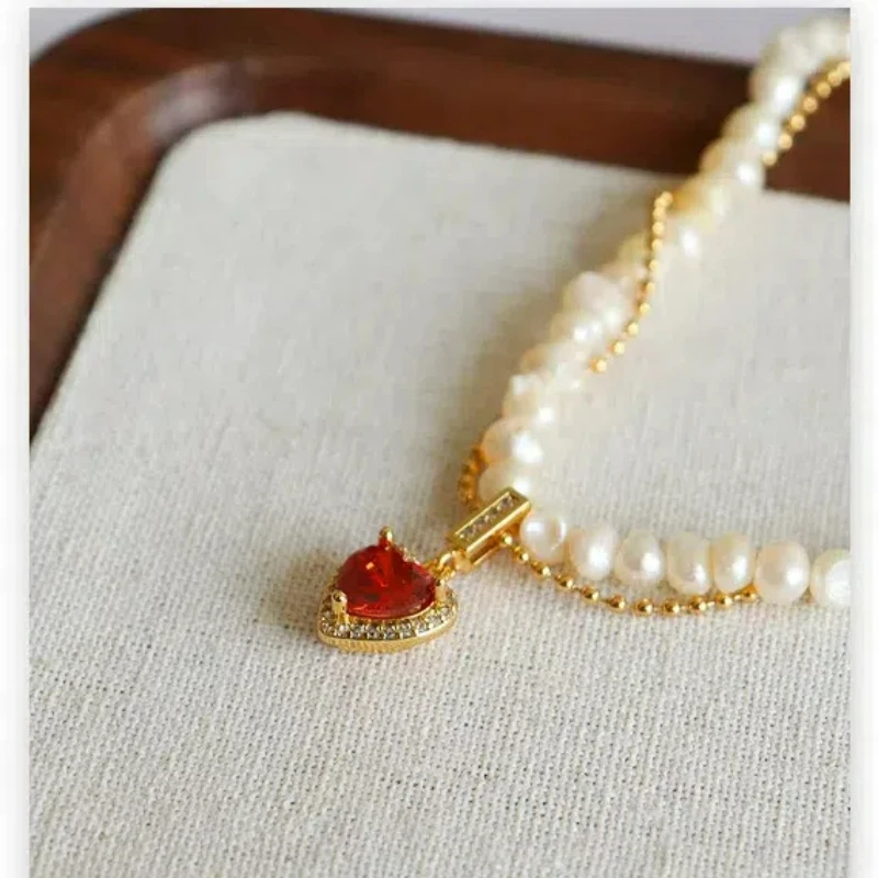 

Trendy Classic Natural Freshwater Cultured Pearl Light Luxury Double Layer Necklace Red Love Heart Cubic Zircon Pendant Necklace